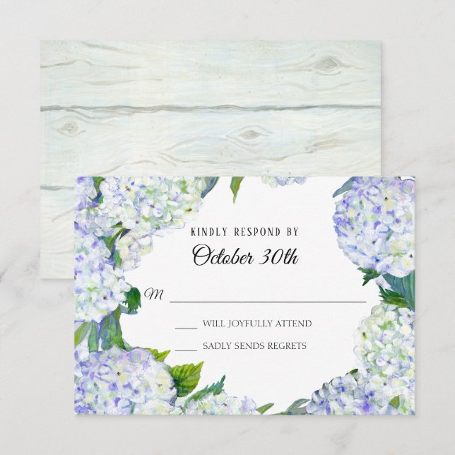 Invitación Flores Lilac White Hydrangea con Wood RSVP Boda (Anverso / Reverso)