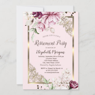 Invitación Flores Lilas Elegantes Marco Dorado Jubilación