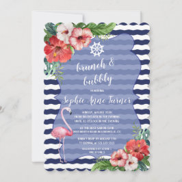 Invitación Flores Luau Flamingo Navy Stripes Brunch & Bubbly