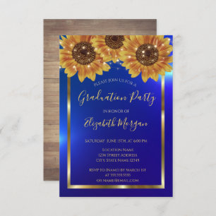 Invitación Flores, Luces, Madera, Graduación Azul Confetti