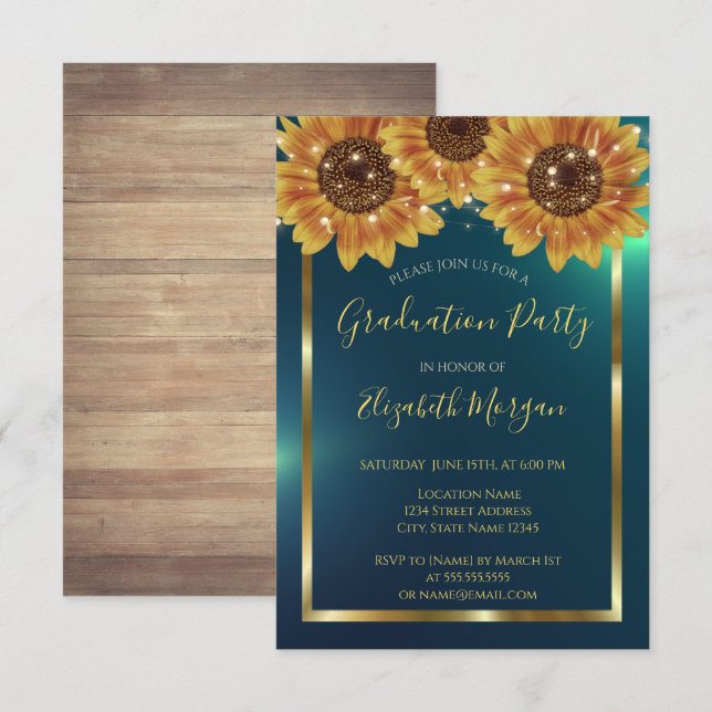 Invitación Flores, Luces, Madera, Graduación Verde Confetti (Anverso / Reverso)