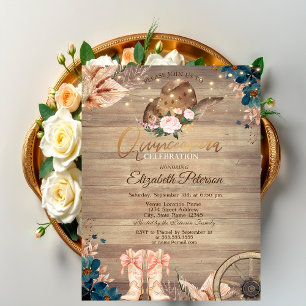 Invitación Flores Luces Sombrero de Vaquera Botas Quinceañera