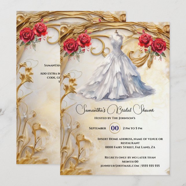 Invitación Flores lujosas de rosas de vestido de novia blanca (Anverso / Reverso)