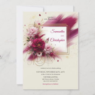 Invitación Flores magenta de verano y boda de marco de oro fa