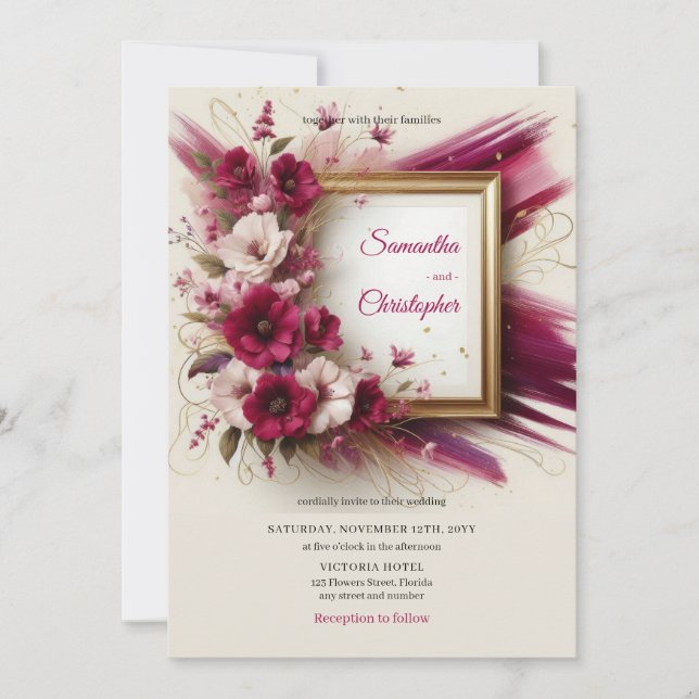 Invitación Flores magenta elegantes y boda de marcos dorados (Anverso)