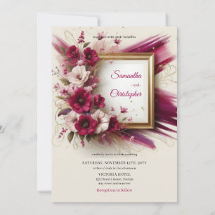 Invitación Flores magenta elegantes y boda de marcos dorados