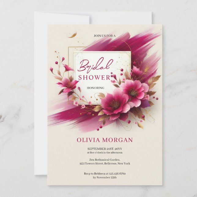 Invitación Flores magenta modernas marco dorado Bridal (Anverso)