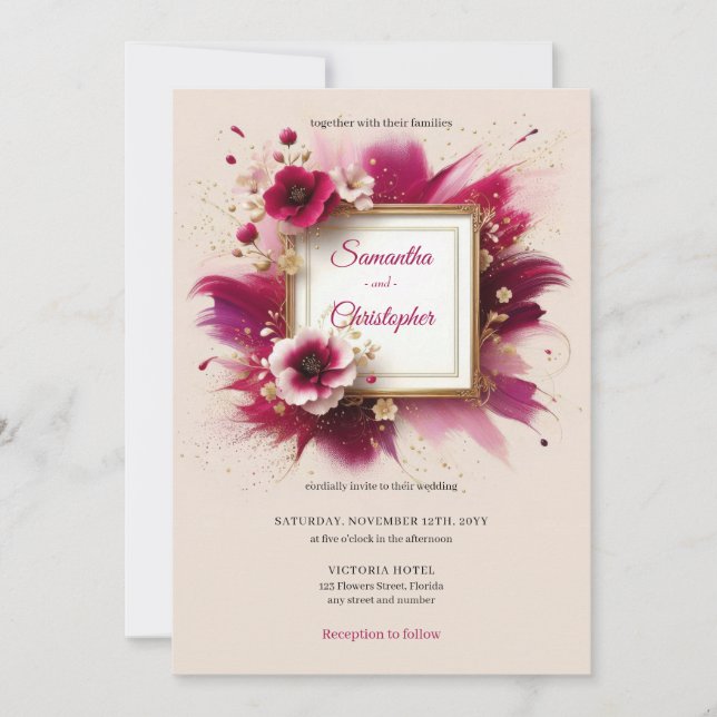 Invitación Flores magenta modernas y boda de marcos dorados (Anverso)