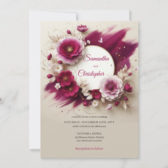 Invitación Flores magenta opulentas y boda de marcos dorados (Anverso)