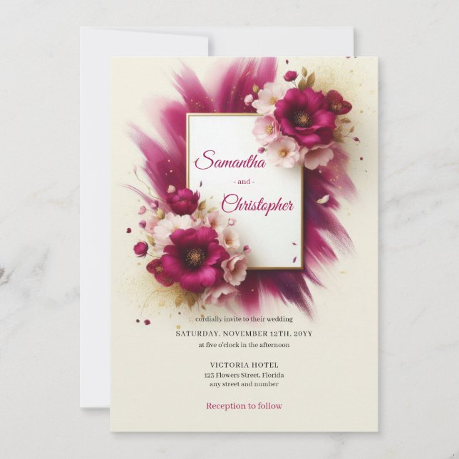 Invitación Flores magenta populares y boda de marcos dorados (Anverso)
