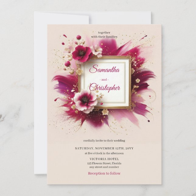 Invitación Flores magenta primaverales y boda de marco de oro (Anverso)