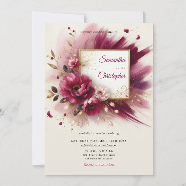Invitación Flores magenta únicas y boda de marcos dorados (Anverso)
