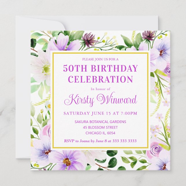 Invitación Flores mágicas de acuarela púrpura Cumpleaños (Anverso)
