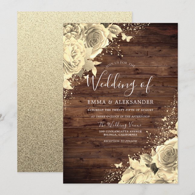 Invitación Flores mágicas de oro con Boda ruso Purpurina (Anverso / Reverso)