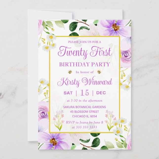 Invitación Flores Mágicas Moradas a la Acuarela Cumpleaños 21 (Anverso)