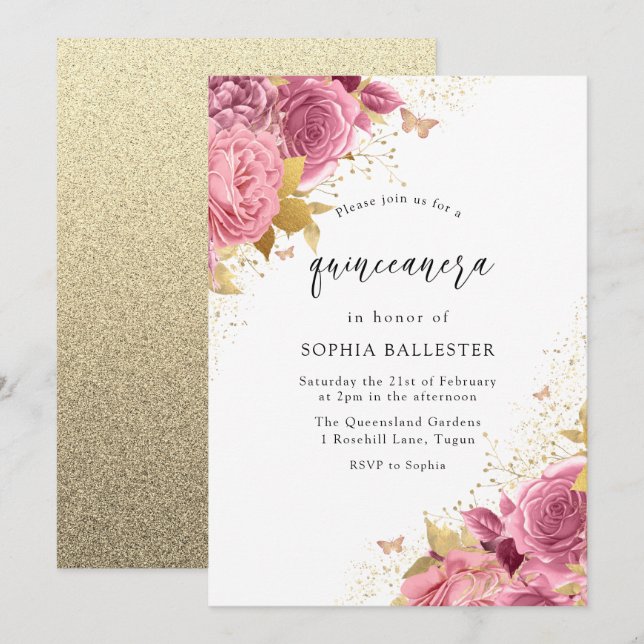 Invitación Flores mágicas Rubor PInk Gold Quinceanera Fiesta (Anverso / Reverso)