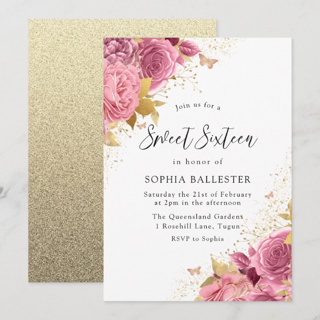 Invitación Flores mágicas Rubor rosadas de oro dulce 16 (Anverso / Reverso)