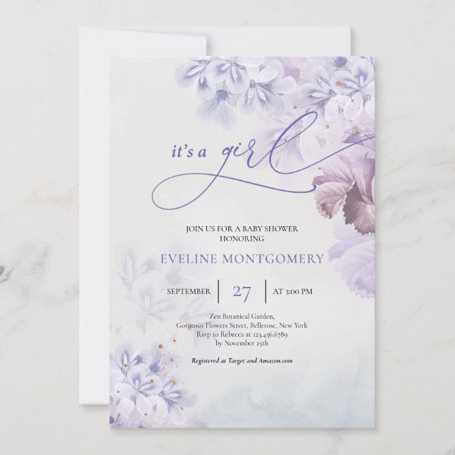 Invitación Flores malva pastel y azul polvoriento Es un Chica (Anverso)