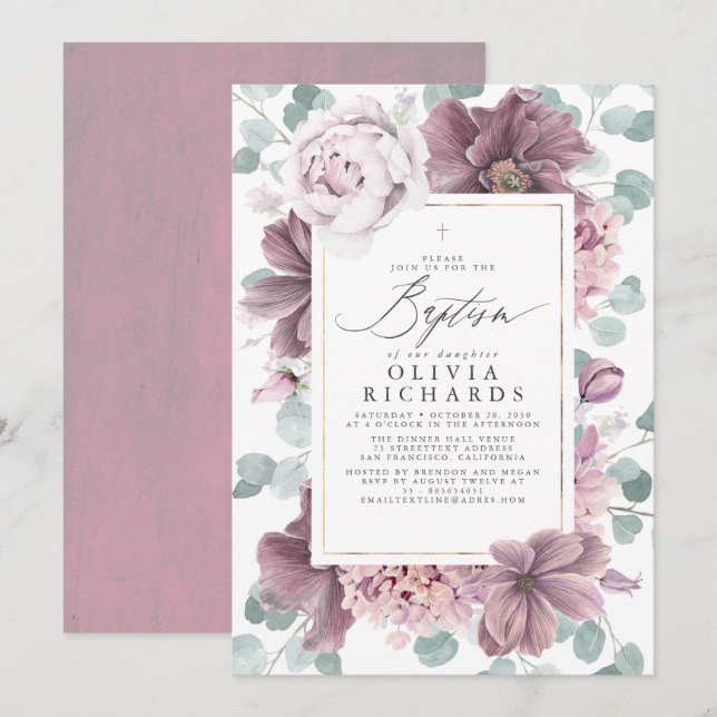 Invitación Flores malvas Eucalipto deja un bautismo elegante (Anverso / Reverso)