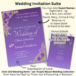Invitación Flores malvas moradas y Boda blanco