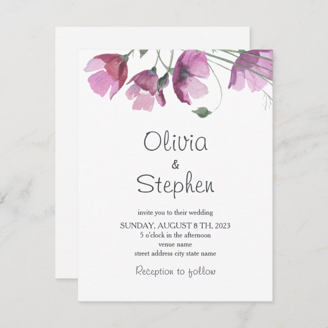 Invitación Flores malvas violetas. Boda ruso moderno (Anverso / Reverso)