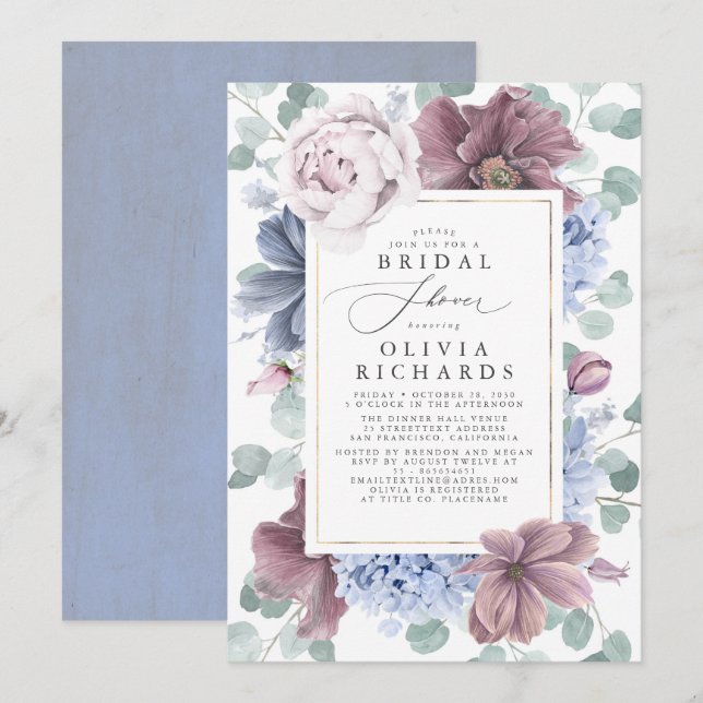 Invitación Flores malvas y azul turquesa elegante ducha de no (Anverso / Reverso)