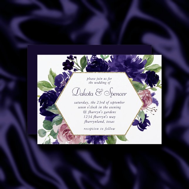 Invitación Flores | Marco dorado rosado y morado (Subido por el creador)
