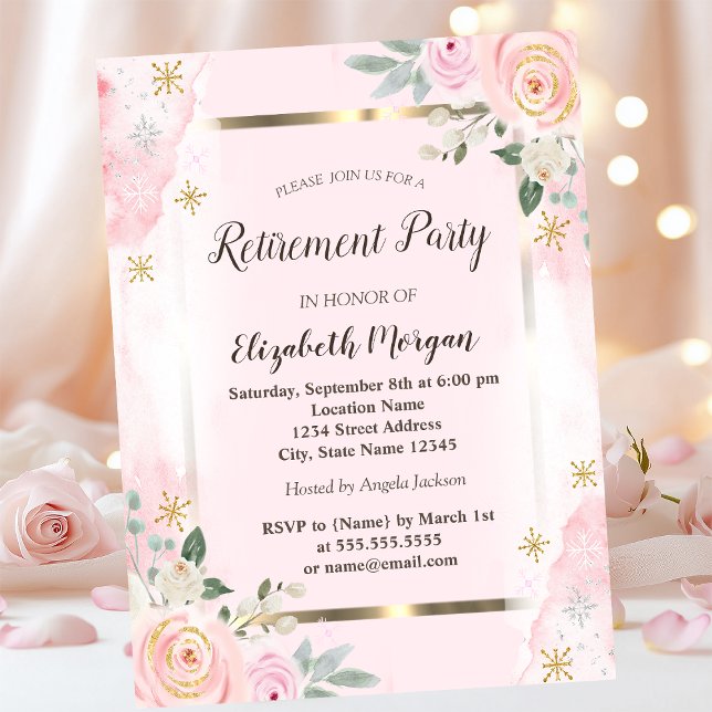 Invitación Flores Marco Dorado Rosas Rosadas Jubilación (Subido por el creador)