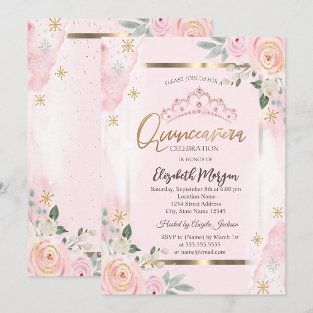 Invitación Flores marco dorado rosas rosadas Quinceañera (Anverso / Reverso)