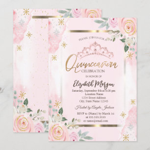 Invitación Flores marco dorado rosas rosadas Quinceañera