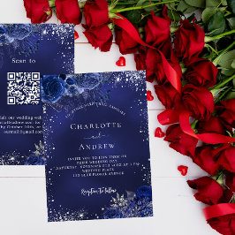 Invitación Flores marinas de plata azul código QR boda RSVP