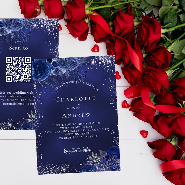 Invitación Flores marinas de plata azul código QR boda RSVP (Subido por el creador)