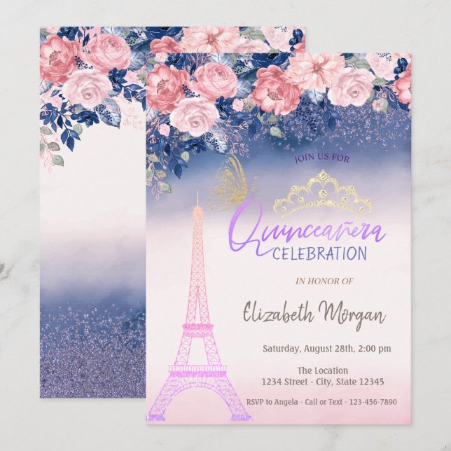 Invitación Flores, Mariposa de la Torre Eiffel Ombre Quinceañ (Anverso / Reverso)