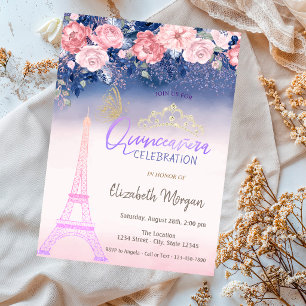 Invitación Flores, Mariposa de la Torre Eiffel Ombre Quinceañ