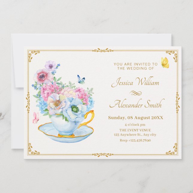Invitación Flores mariposa taza de té boda (Anverso)