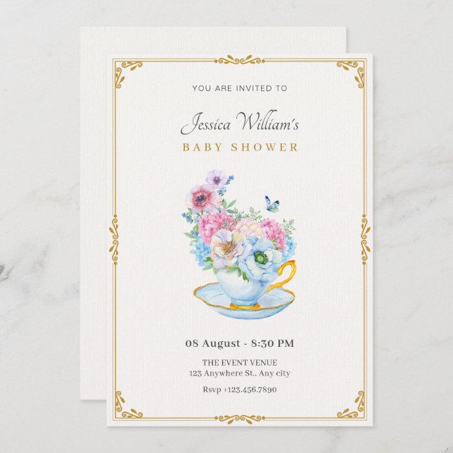 Invitación Flores mariposa taza de té de bebé ducha (Anverso / Reverso)