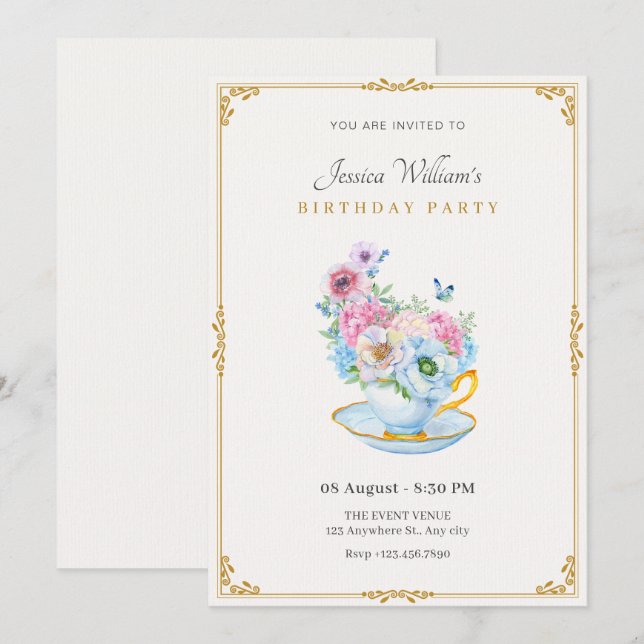 Invitación Flores mariposa taza de té de cumpleaños (Anverso / Reverso)