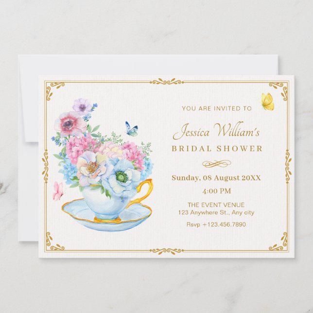 Invitación Flores mariposa taza de té ducha de novia (Anverso)