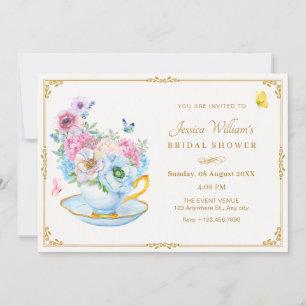 Invitación Flores mariposa taza de té ducha de novia
