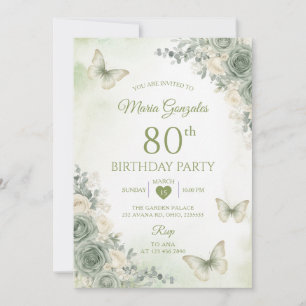 Invitación Flores Mariposa Verde Salvia Cumpleaños 80