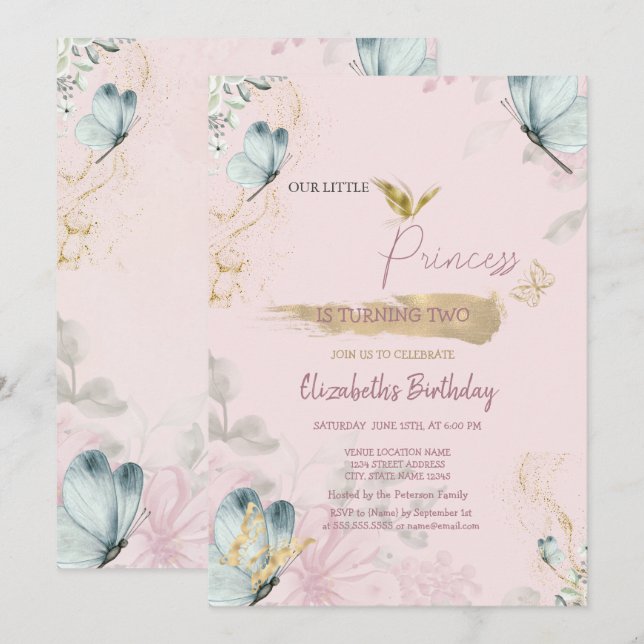 Invitación  Flores Mariposas Azules Cumpleaños Rosa  (Anverso / Reverso)