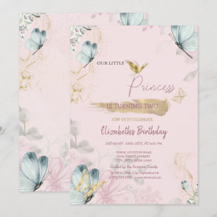 Invitación  Flores Mariposas Azules Cumpleaños Rosa 