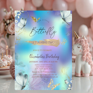 Invitación Flores Mariposas azules Holográficas Cumpleaños