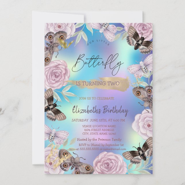 Invitación Flores Mariposas Cumpleaños Holográfico (Anverso)