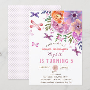 Invitación Flores Mariposas Polka Puntos Cumpleaños