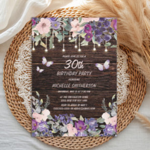 Invitación Flores Mariposas Rosadas Moradas Rústico Madera 30