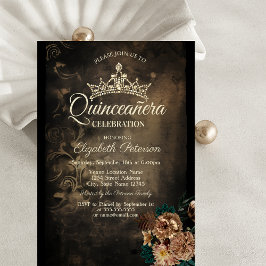 Invitación Flores marrones Damask Dark Gothic Quinceañera