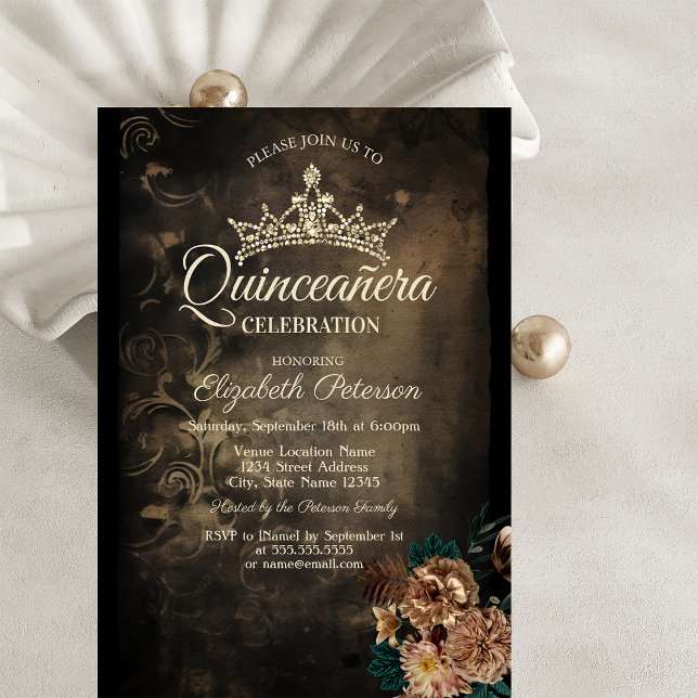 Invitación Flores marrones Damask Dark Gothic Quinceañera (Subido por el creador)