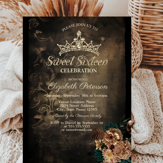 Invitación Flores marrones Damask Dark Gothic Sweet 16 (Subido por el creador)
