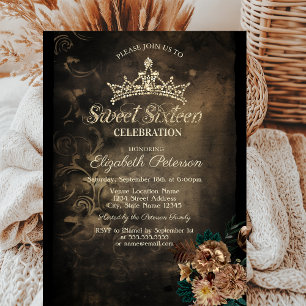 Invitación Flores Marrones Damask Oscuro Gótico Dulce 16